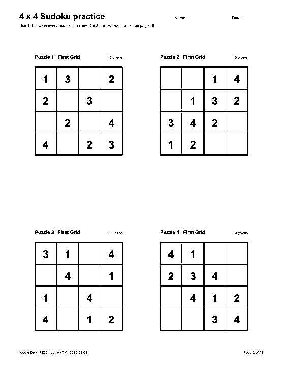 Actual printable US Letter page 2: 4 x 4 Sudoku practice