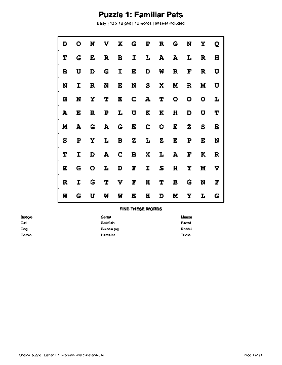Actual printable US Letter page 1: Puzzle 1: Familiar Pets