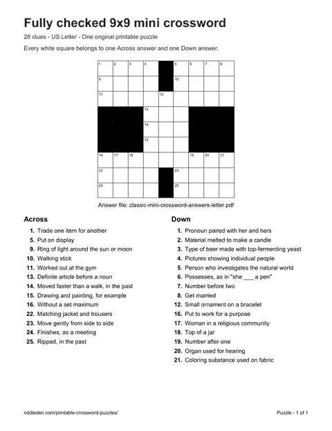 First Classic Mini Crossword worksheet preview. Open the PDF for full size.