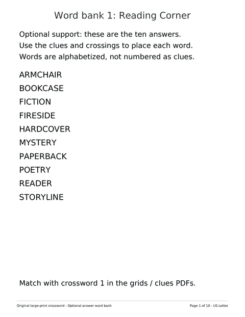 First optional word bank for the Large Print Crossword pack. Open the PDF for full size.