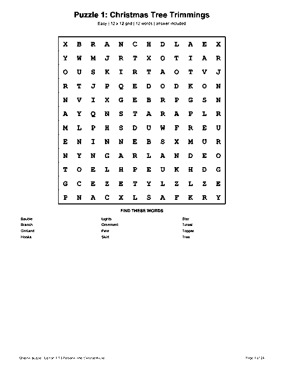 Actual printable US Letter page 1: Puzzle 1: Christmas Tree Trimmings