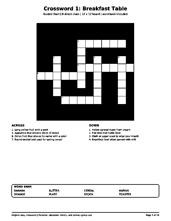 Actual printable US Letter page 1: Crossword 1: Breakfast Table