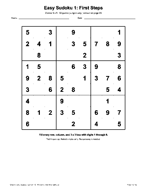Actual printable US Letter page 1: Easy Sudoku 1: First Steps