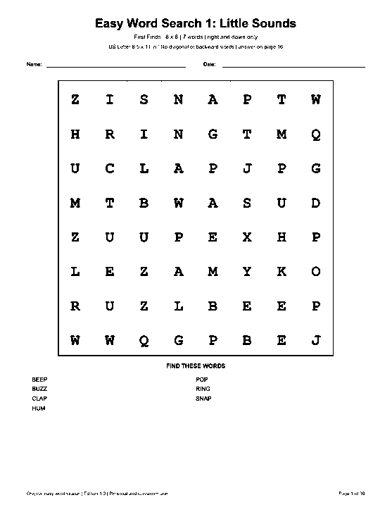 Actual printable US Letter page 1: Easy Word Search 1: Little Sounds