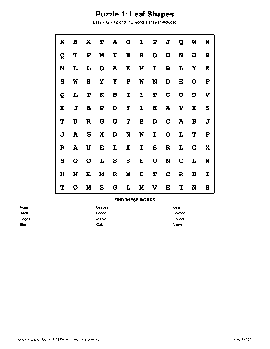 Actual printable US Letter page 1: Puzzle 1: Leaf Shapes