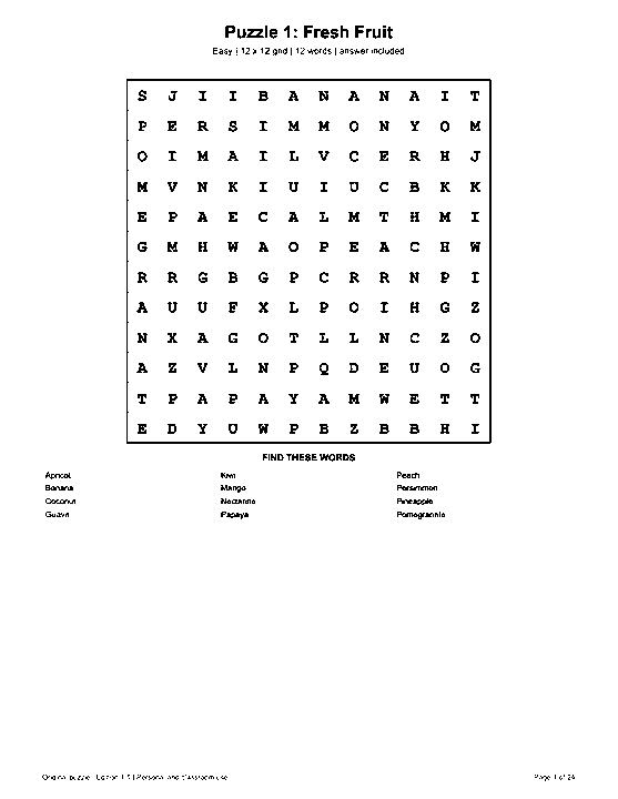 Actual printable US Letter page 1: Puzzle 1: Fresh Fruit