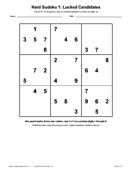 Actual printable US Letter page 1: Hard Sudoku 1: Locked Candidates