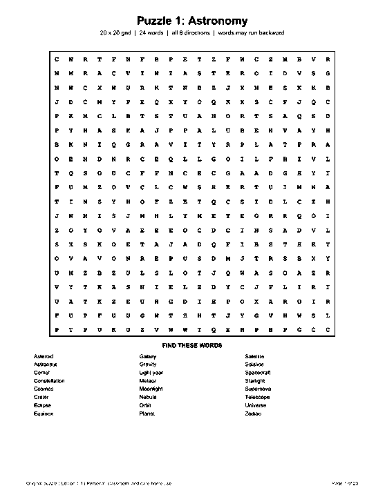 Actual printable US Letter page 1: Puzzle 1: Astronomy