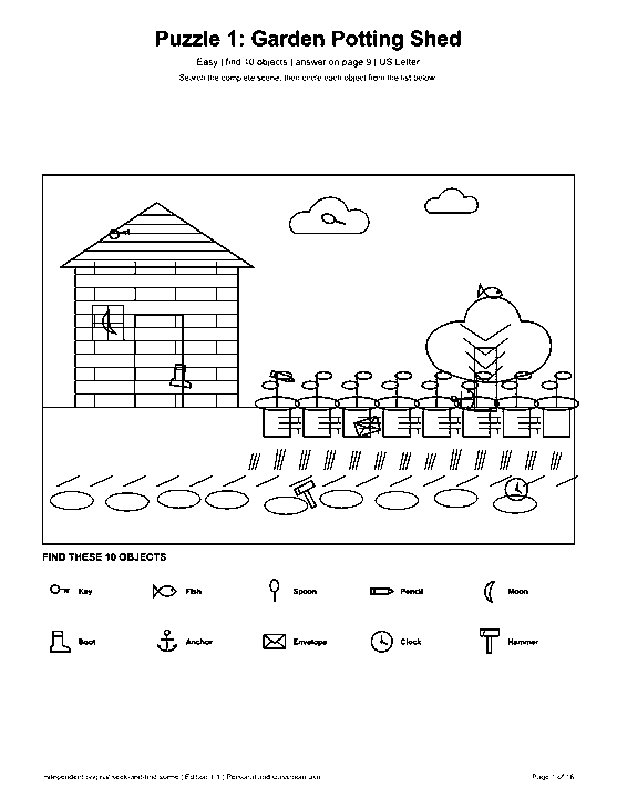 Actual printable US Letter page 1: Puzzle 1: Garden Potting Shed
