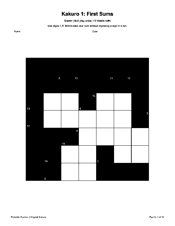Actual printable US Letter page 1: Kakuro 1: First Sums