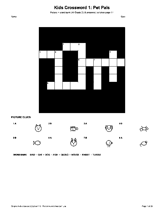 Actual printable US Letter page 1: Kids Crossword 1: Pet Pals