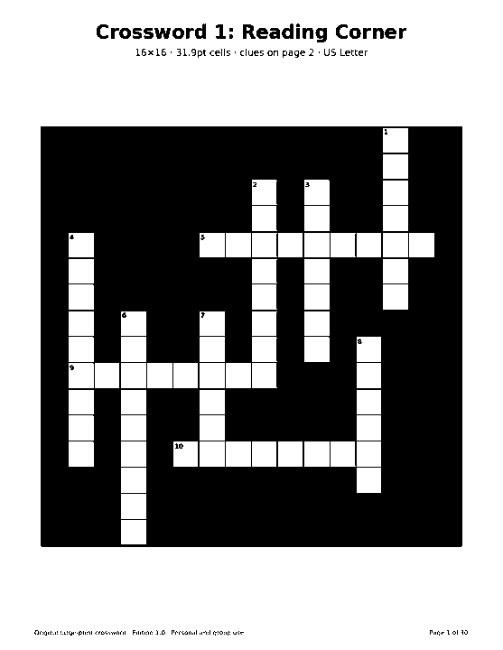 Actual printable US Letter page 1: Crossword 1: Reading Corner