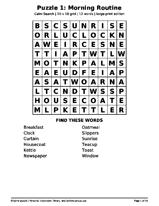 Actual printable US Letter page 1: Puzzle 1: Morning Routine