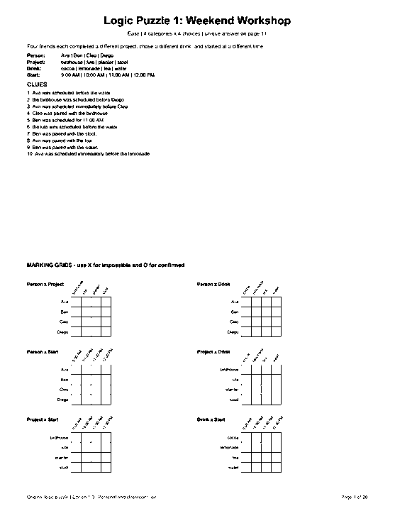Actual printable US Letter page 1: Logic Puzzle 1: Weekend Workshop