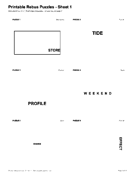 Actual printable US Letter page 1: Printable Rebus Puzzles - Sheet 1