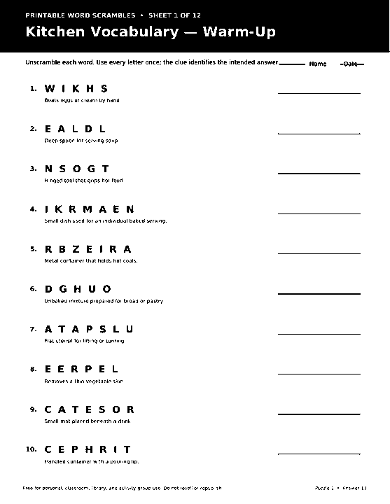 Actual printable US Letter page 1: PRINTABLE WORD SCRAMBLES  •  SHEET 1 OF 12