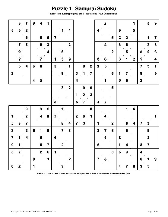 Actual printable US Letter page 1: Puzzle 1: Samurai Sudoku