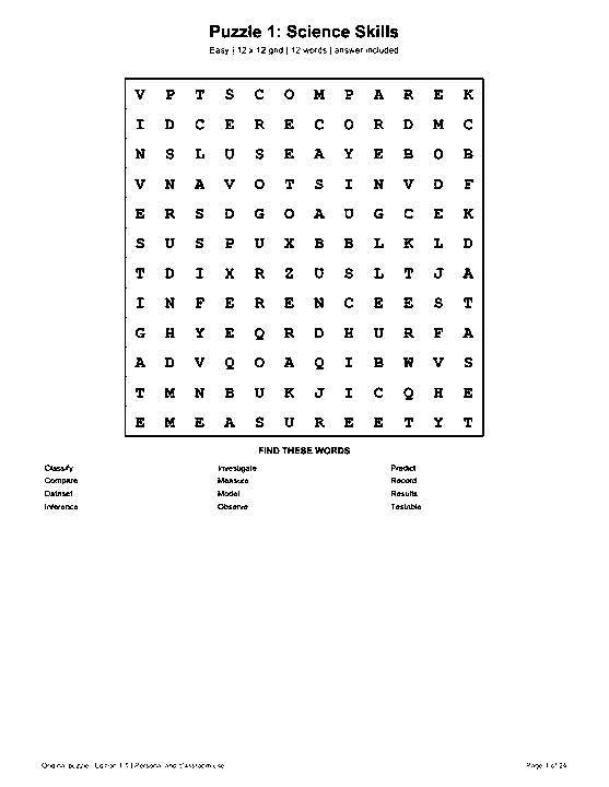Actual printable US Letter page 1: Puzzle 1: Science Skills
