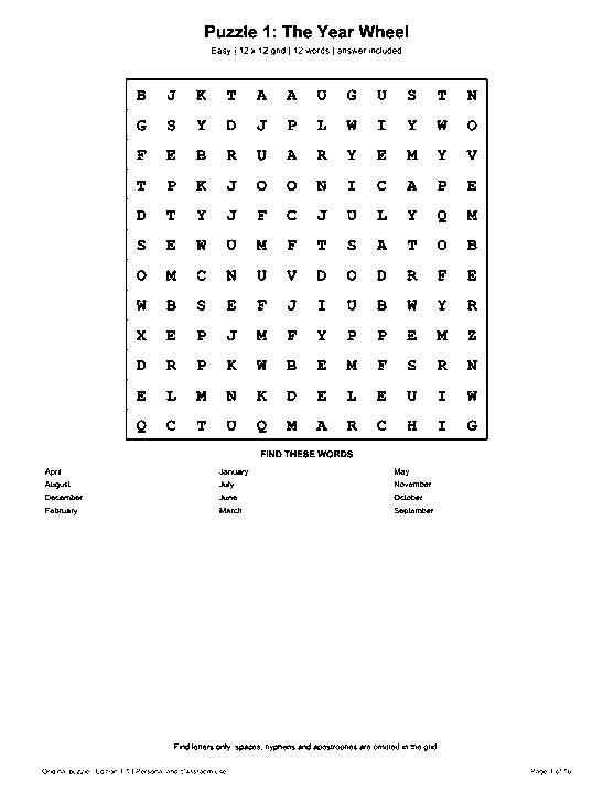 Actual printable US Letter page 1: Puzzle 1: The Year Wheel