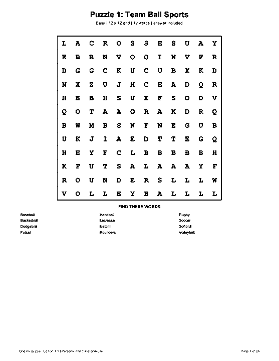 Actual printable US Letter page 1: Puzzle 1: Team Ball Sports