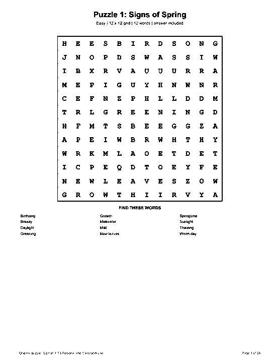 Actual printable US Letter page 1: Puzzle 1: Signs of Spring