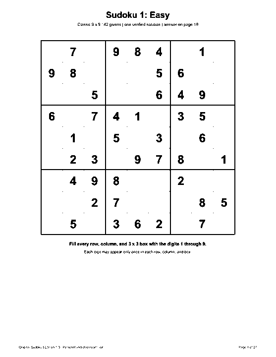 Actual printable US Letter page 1: Sudoku 1: Easy