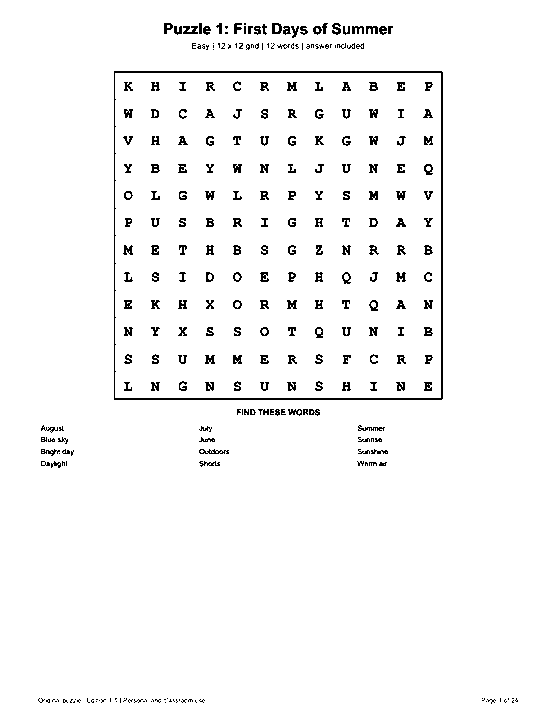 Actual printable US Letter page 1: Puzzle 1: First Days of Summer