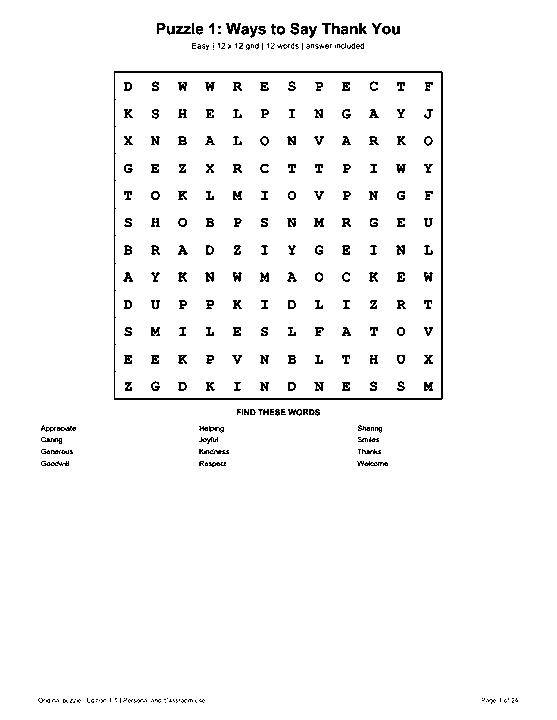 Actual printable US Letter page 1: Puzzle 1: Ways to Say Thank You