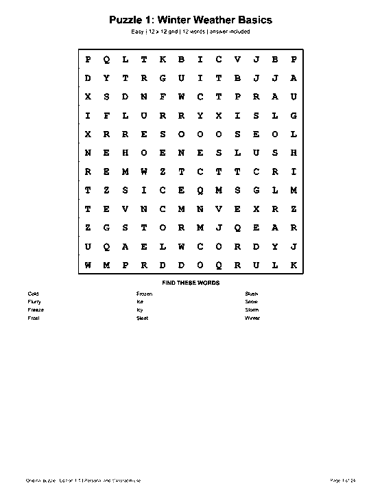 Actual printable US Letter page 1: Puzzle 1: Winter Weather Basics