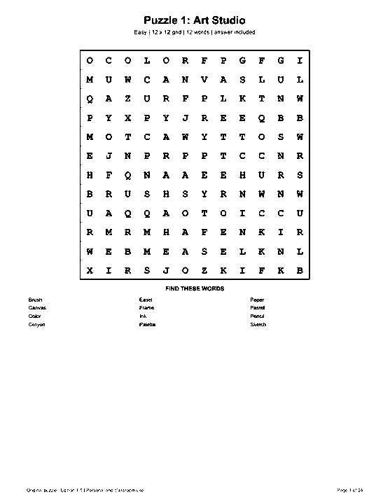 Actual printable US Letter page 1: Puzzle 1: Art Studio